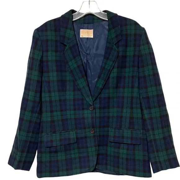 Pendleton Vintage ‘80’s Green Navy Tartan Plaid 100% Virgin Wool Blazer Jacket - Picture 12 of 14